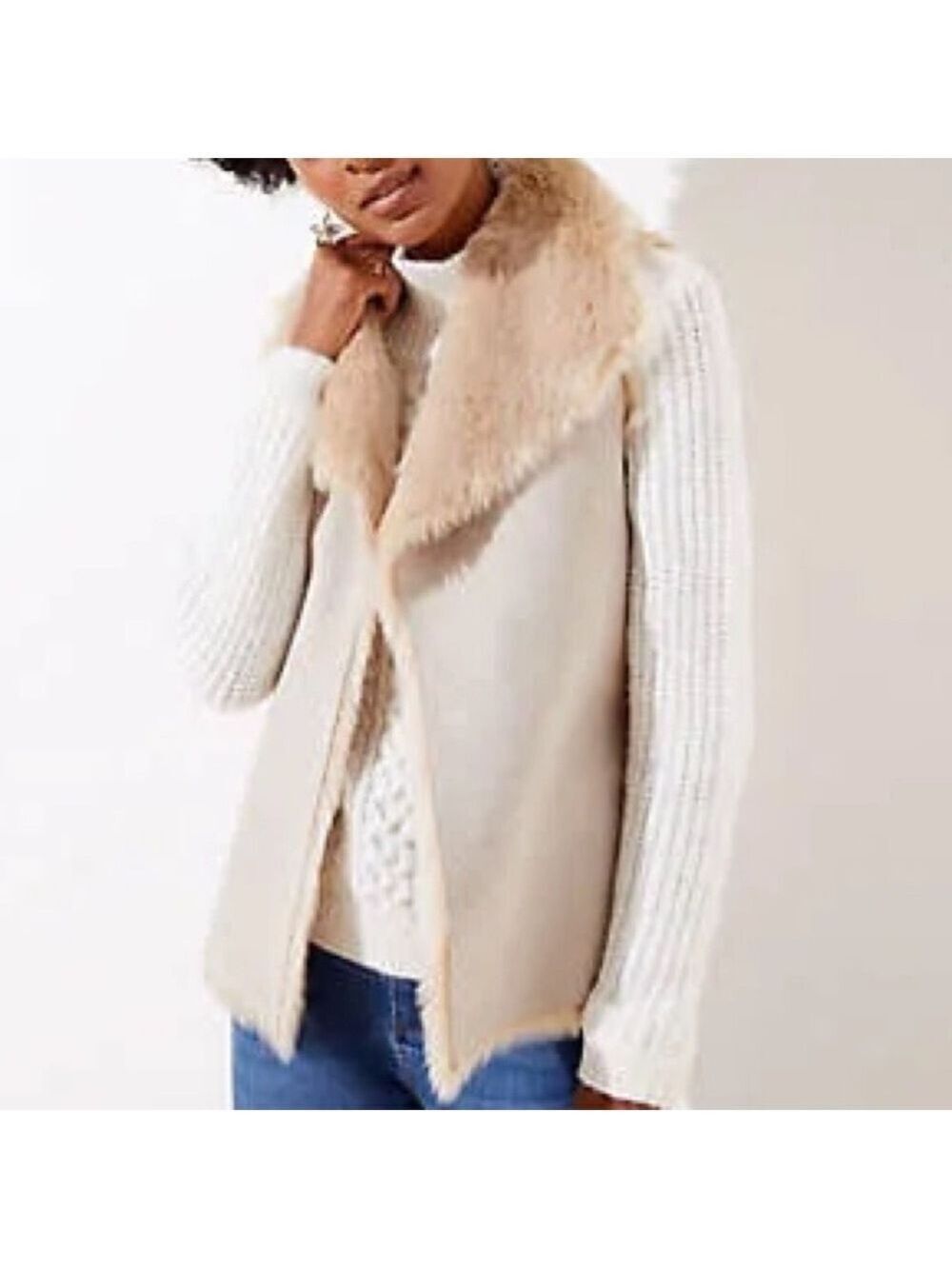 NWT Ann Taylor Loft Island Sand Beige Faux-Shearling Cozy Faux-Fur Vest XL